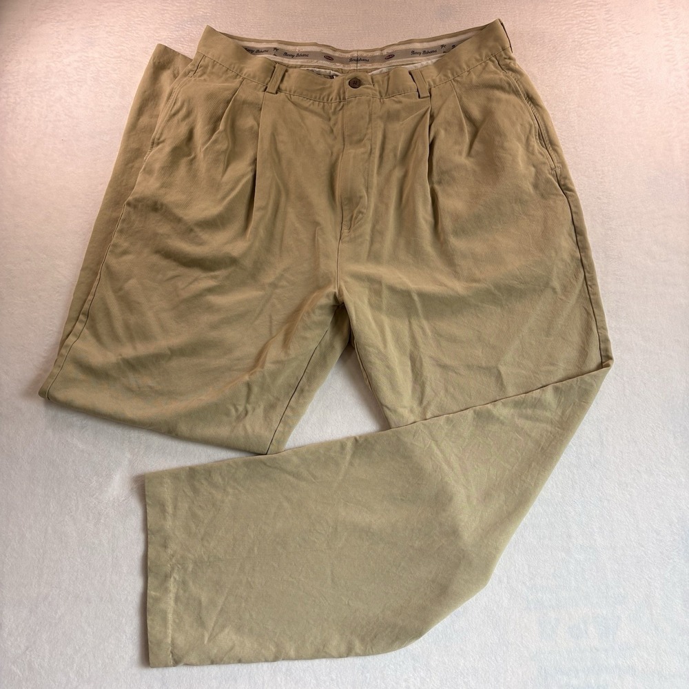 Tommy Bahama Relax Dress Pants Mens Size 38X32 Beige Pleated 100% Silk Casual